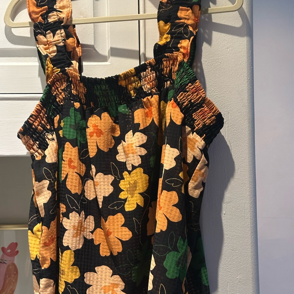 Who What Wear Black and Orange Floral Smocked Top